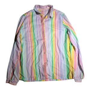 Vtg 1970s JC Penney Pastel Rainbow Striped Button Up Collared Blouse Sz M